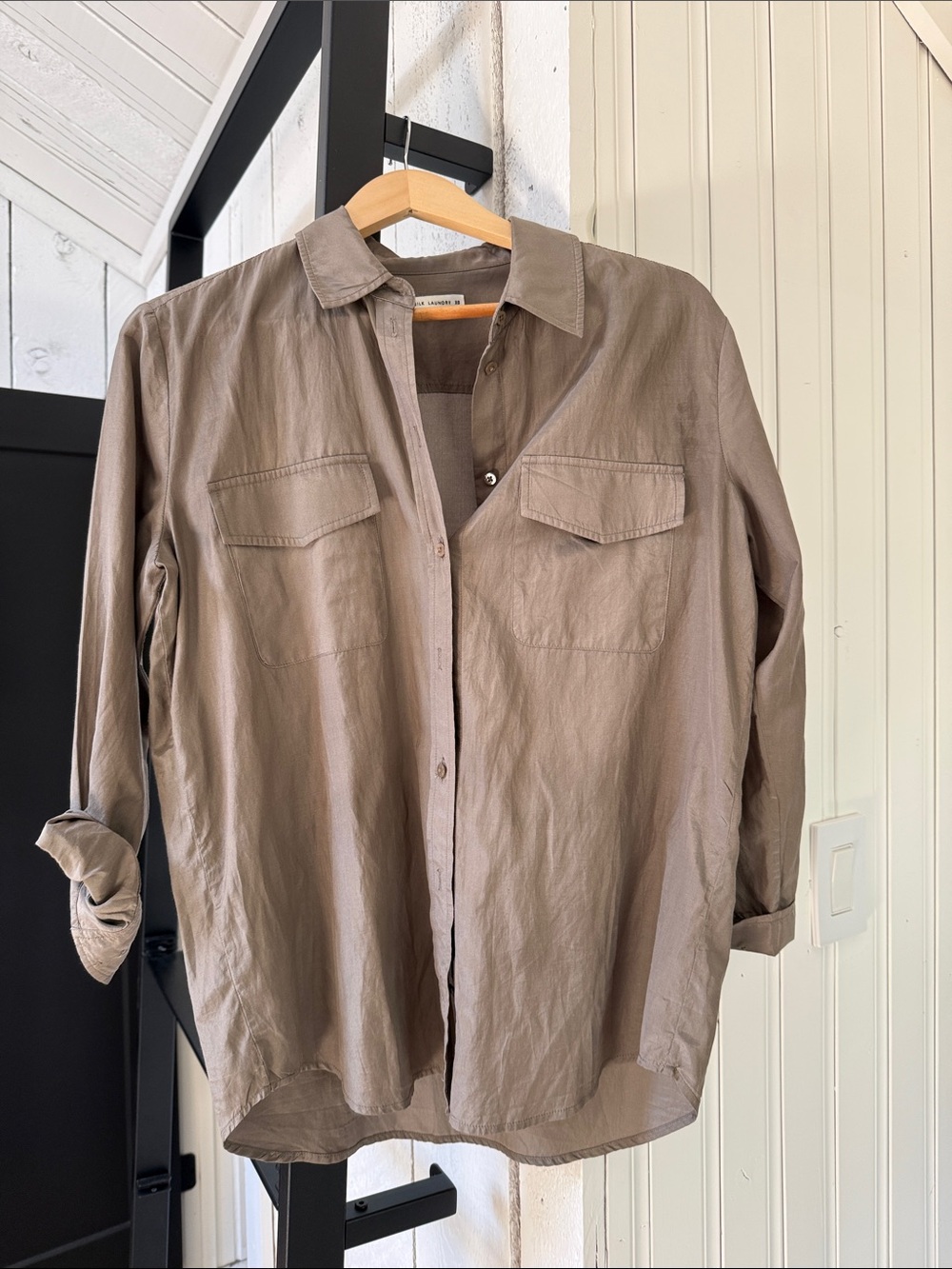 Taupe Green Cotton Silk Button-Up Shirt Jacket
